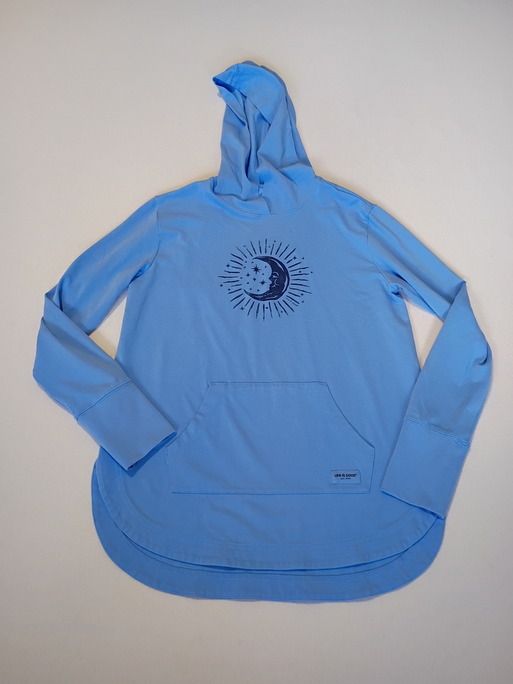 Life is Good Crusher Flex Hoodie Tunic Pullover Blue Celestial Moon Stars Sz S